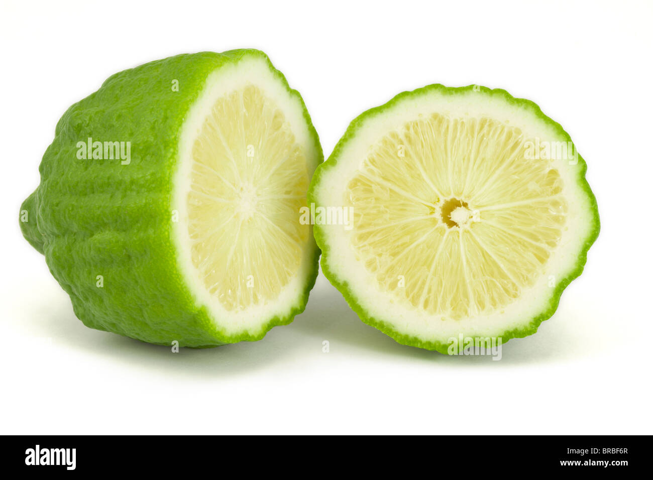Kaffir lime half and round slice macro on a white background Stock Photo