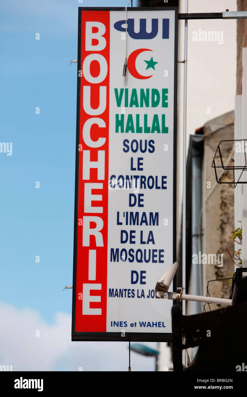 Hallal butcher's sign, Malakoff, Hauts de Seine, France Stock Photo
