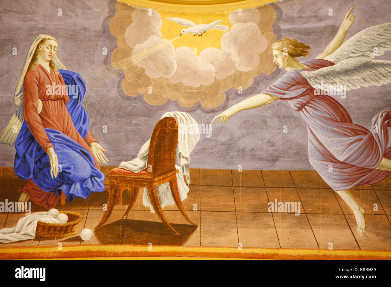 The Annunciation in Saint-Nicolas de Veroce church, Haute Savoie, France Stock Photo