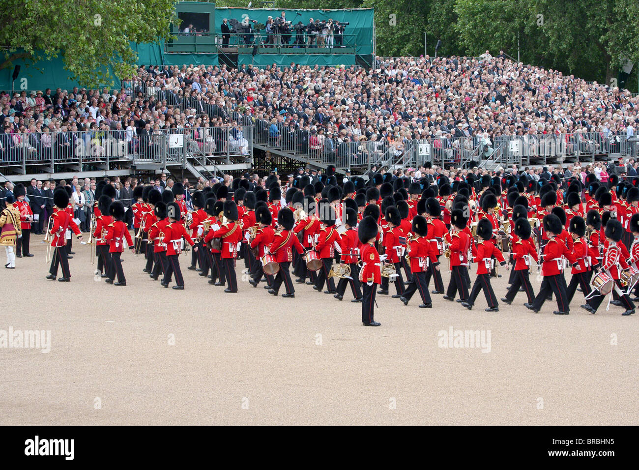 Grenadier Guards Band marching into position. "Trooping the Colour