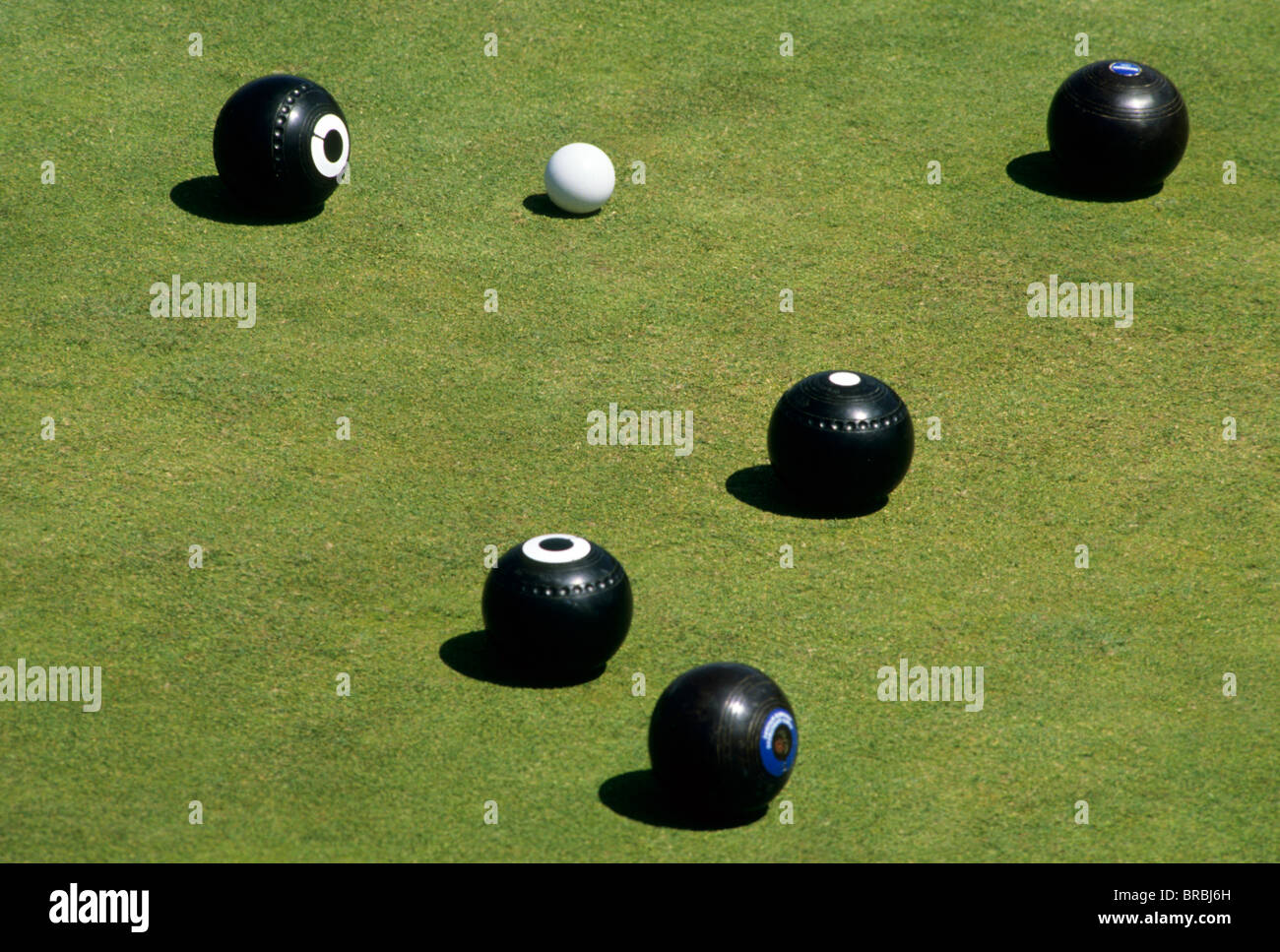 Lawn bowls on grass with target ball Stock Photo Alamy