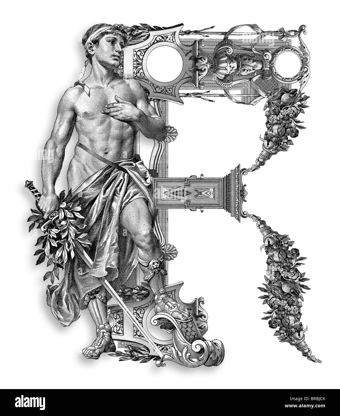 Luxuriously illustrated old capital letter R with man Stock Photo - Alamy