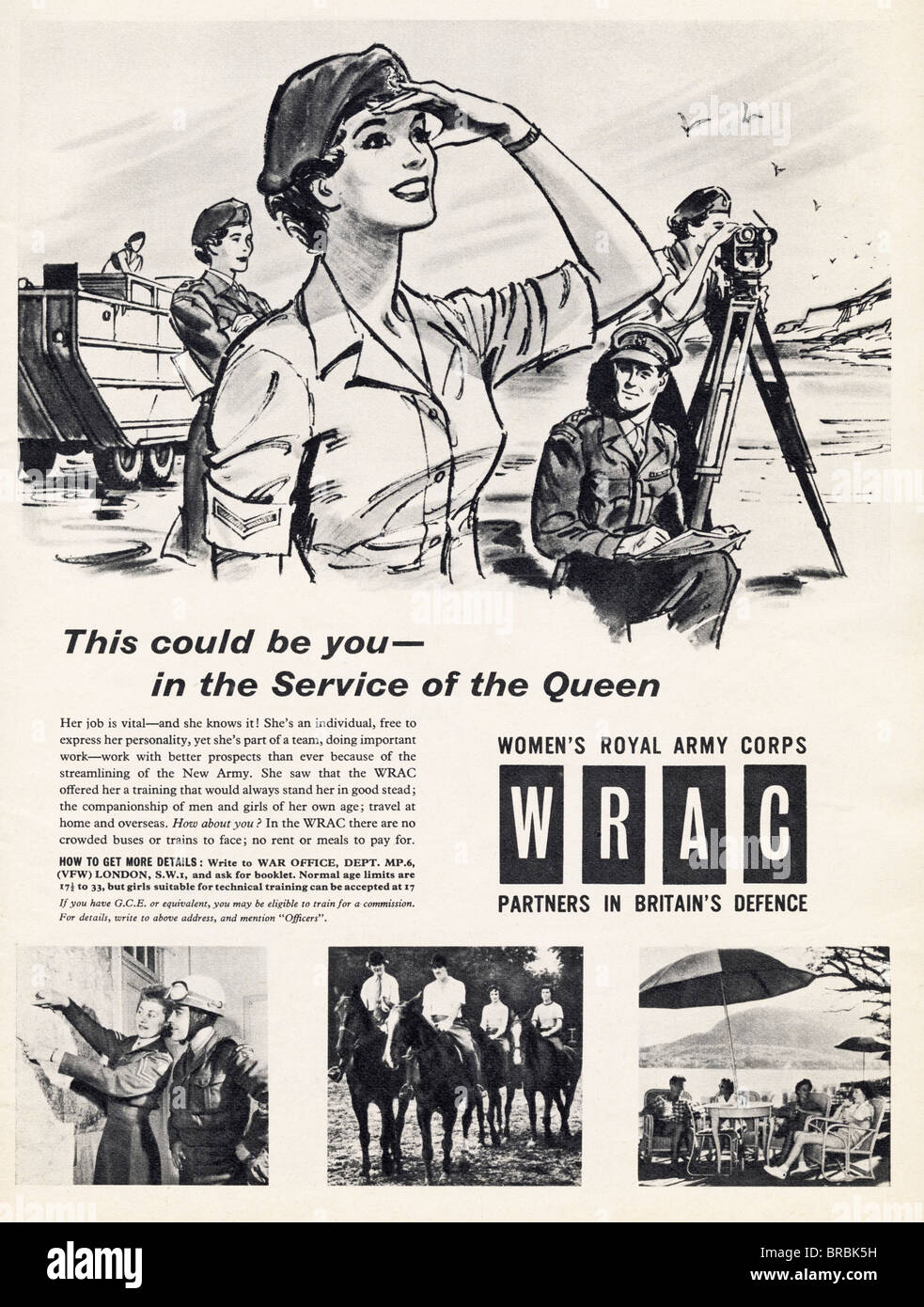 Black and white advert for WRAC Women's Royal Army Corps in fashion magazine circa 1959 Stock Photo