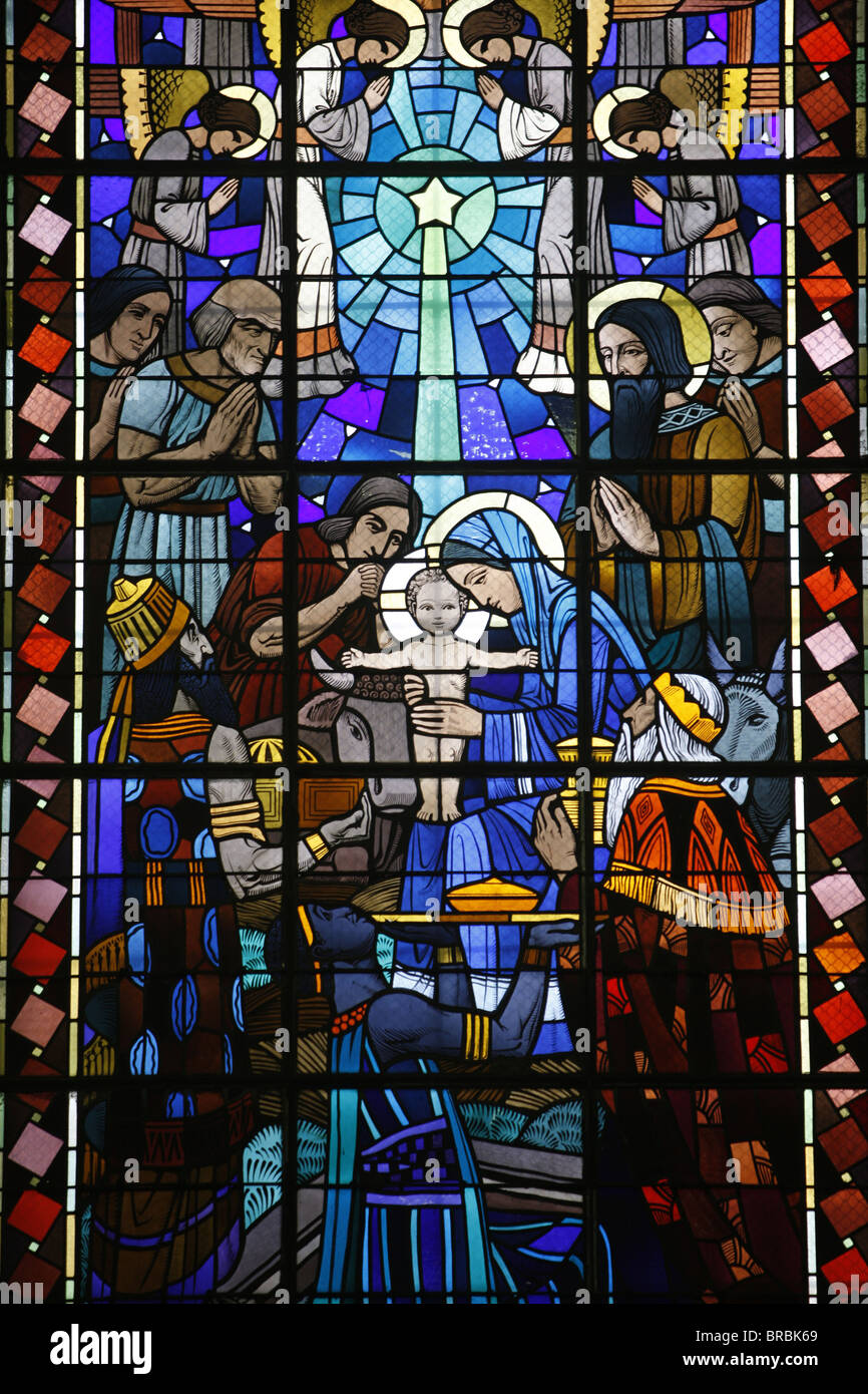 Stained glass of Nativity in Notre Dame du Rosaire Catholic church