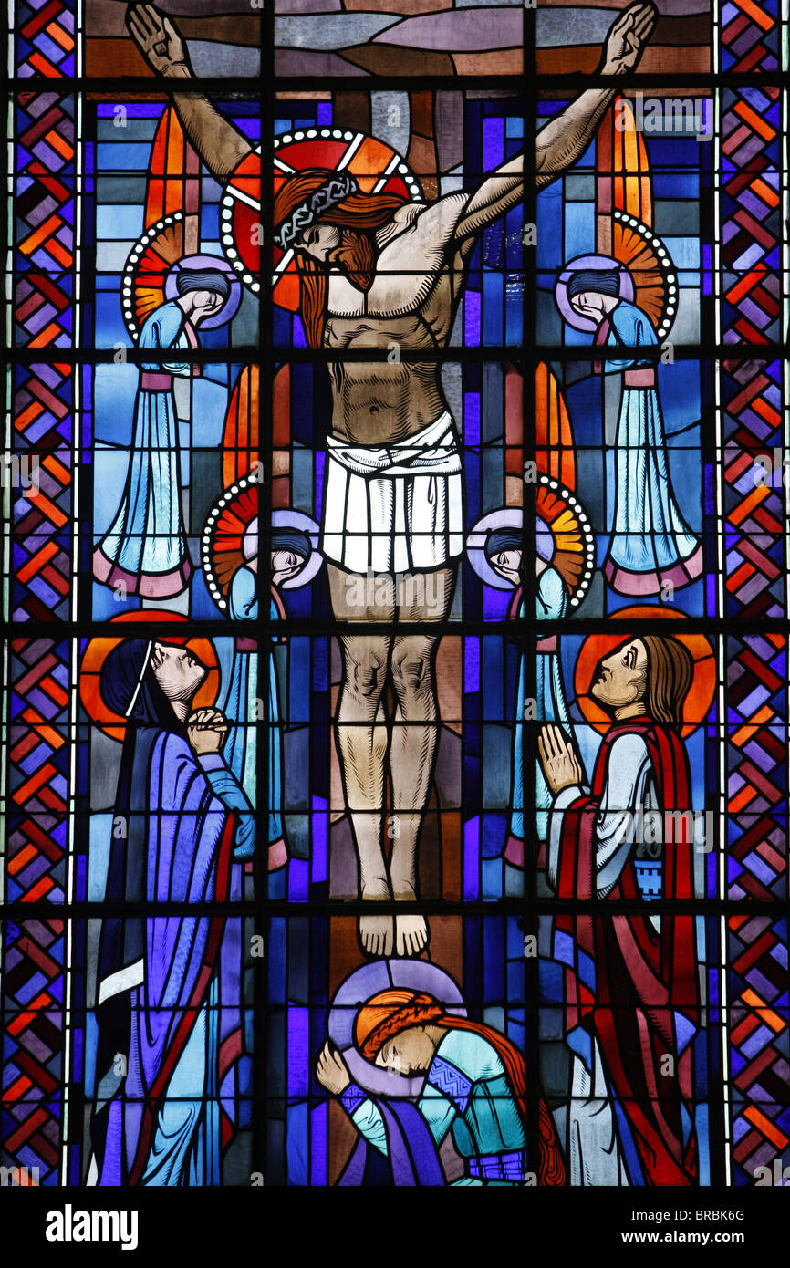 Stained glass of the Crucifixion in Notre Dame du Rosaire Catholic ...