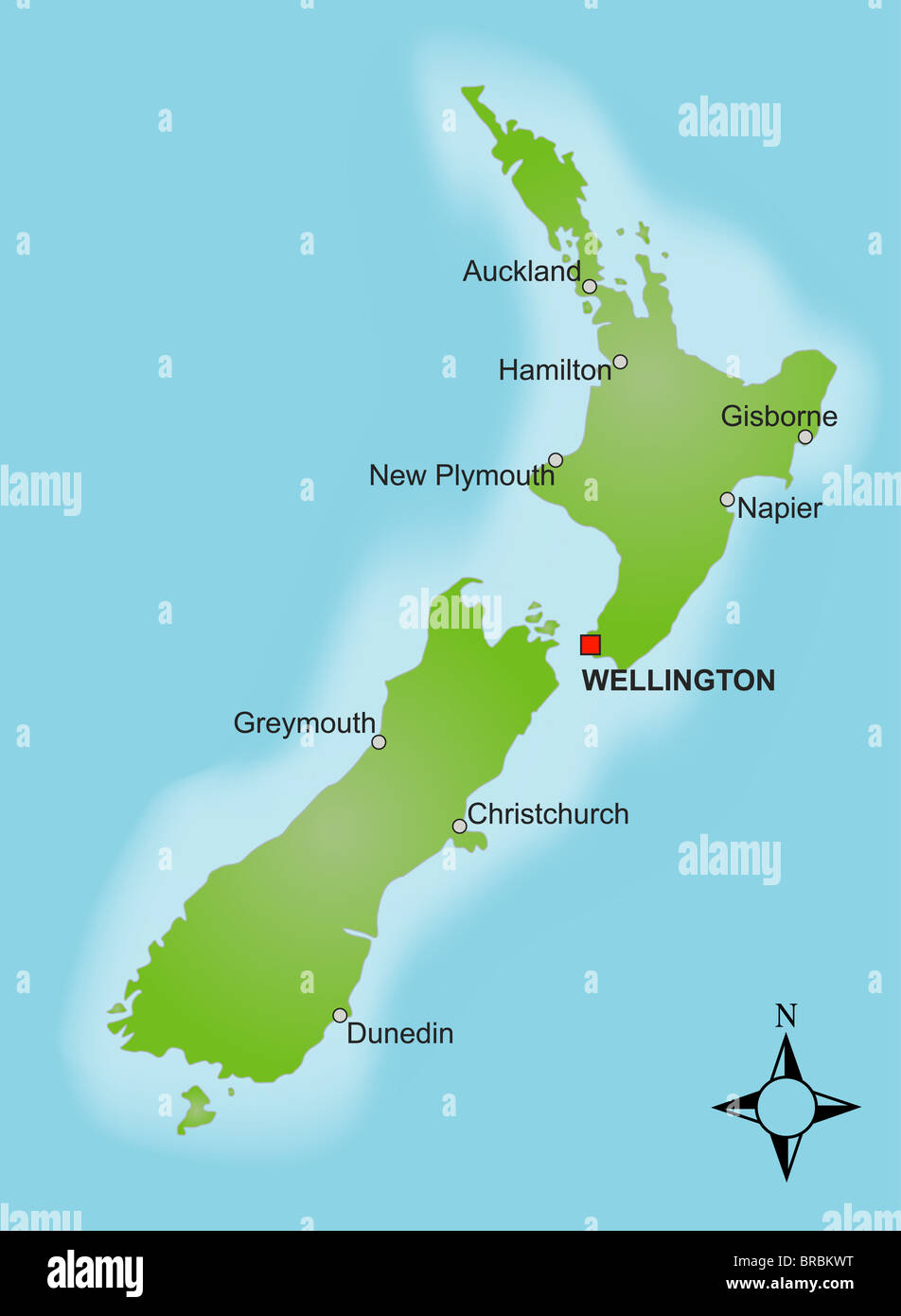 A stylized map of New Zealand showing different cities. Stock Photo