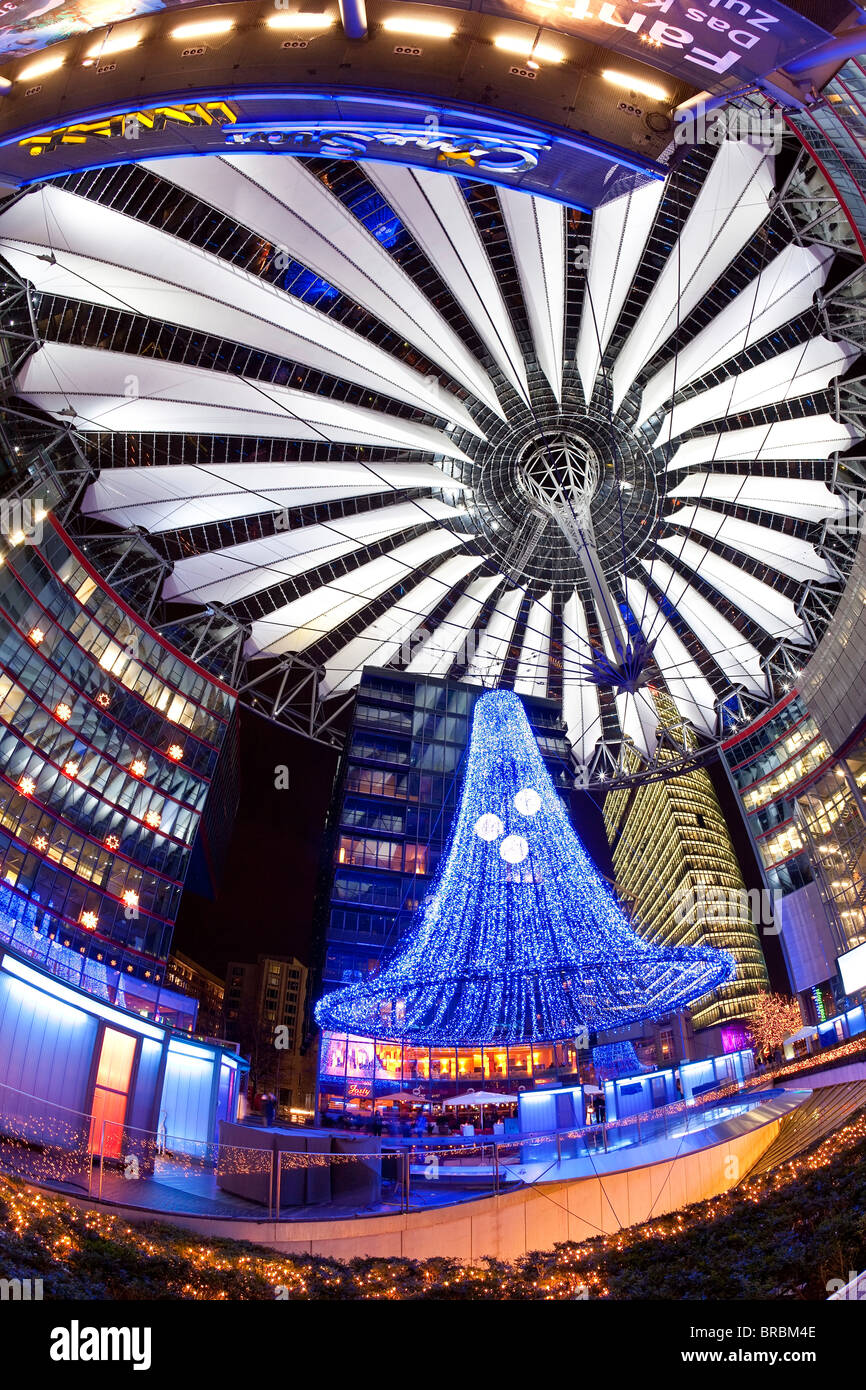 Futuristic design of the Sony Center in Potsdamer Platz, illuminated at Christmas, Berlin, Germany Stock Photo