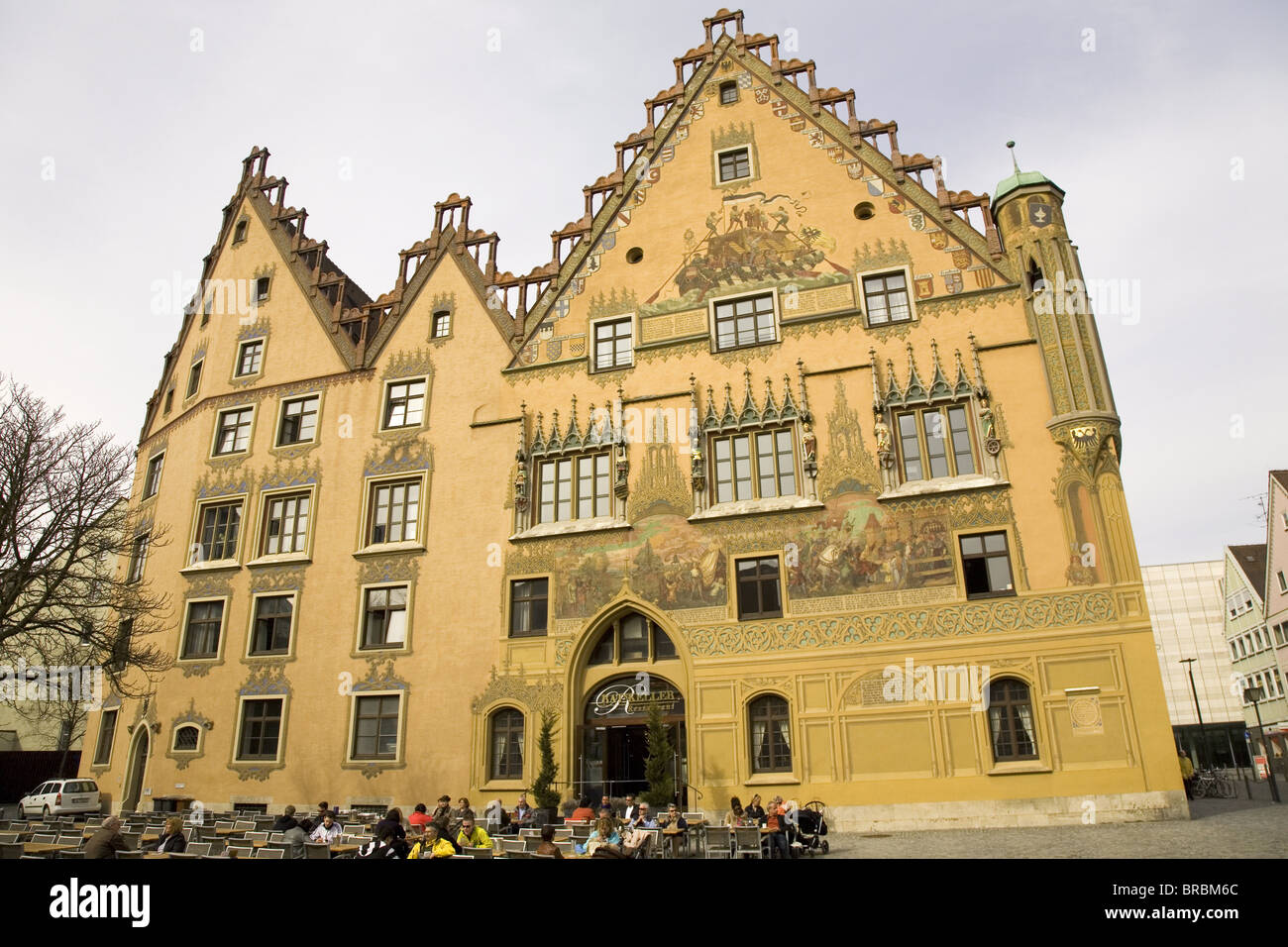The painted facade of the medieval Ulmer Rathaus (Town Hall) shows