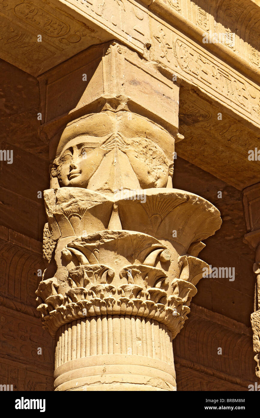 Egypt Temple Of Philae Goddess Hathour Carving Stock Photo