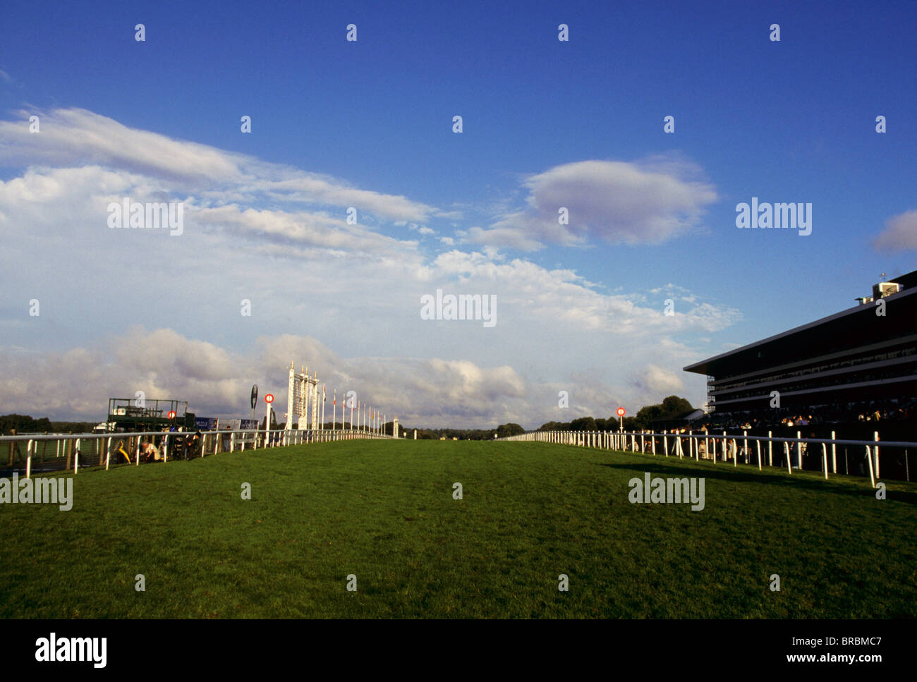 Horse racing track finish post with no people Stock Photo
