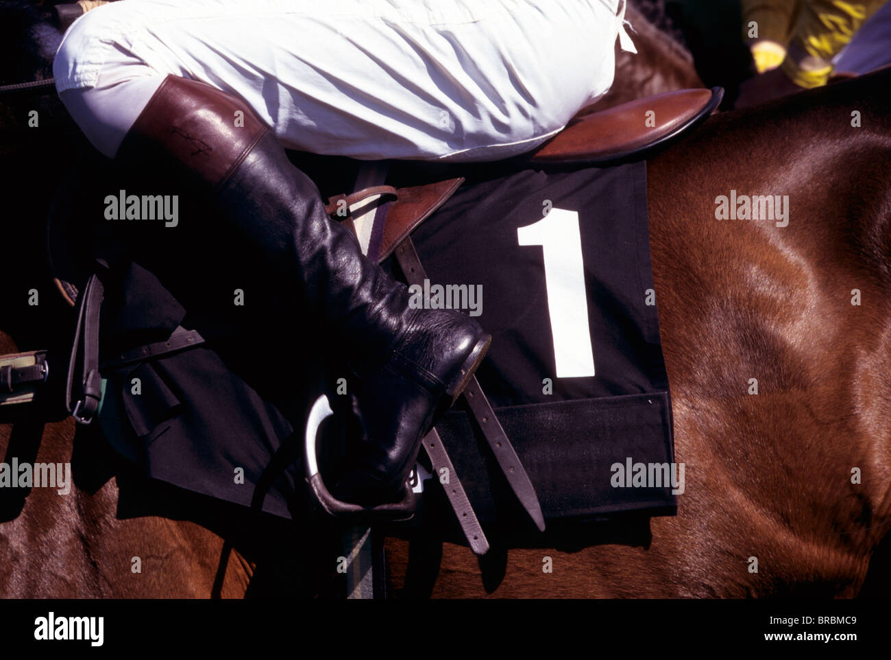 Jocket sits on race horse Stock Photo