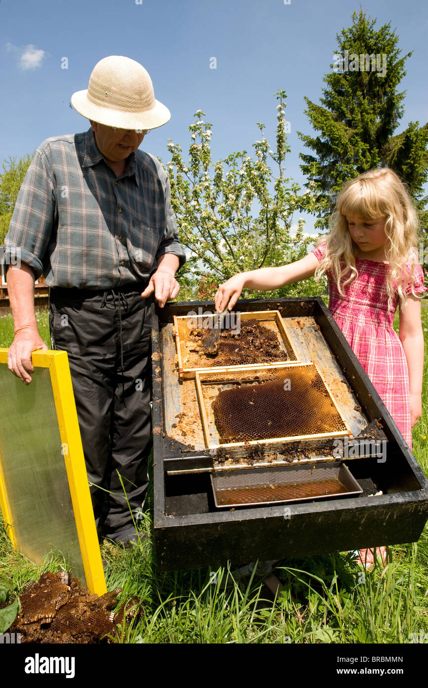 A beekeeping girl with her grandfather Stock Photo Alamy