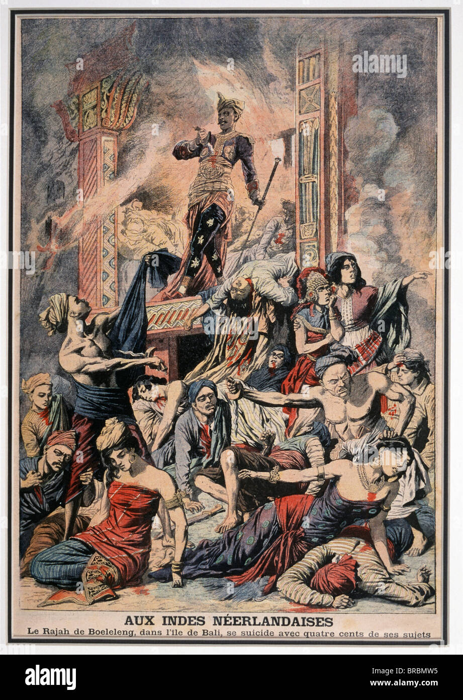 The Puputan or mass suicide in Denpasar (Buleling), when Dutch invaded Bali as depicted by a French magazine, Bali Indonesia Stock Photo