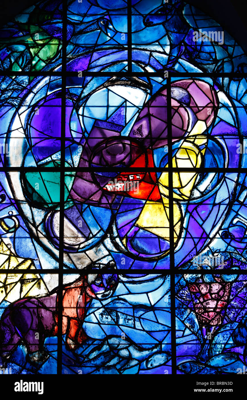 Stained glass window in the Synagogue of the Hadassah hospital showing