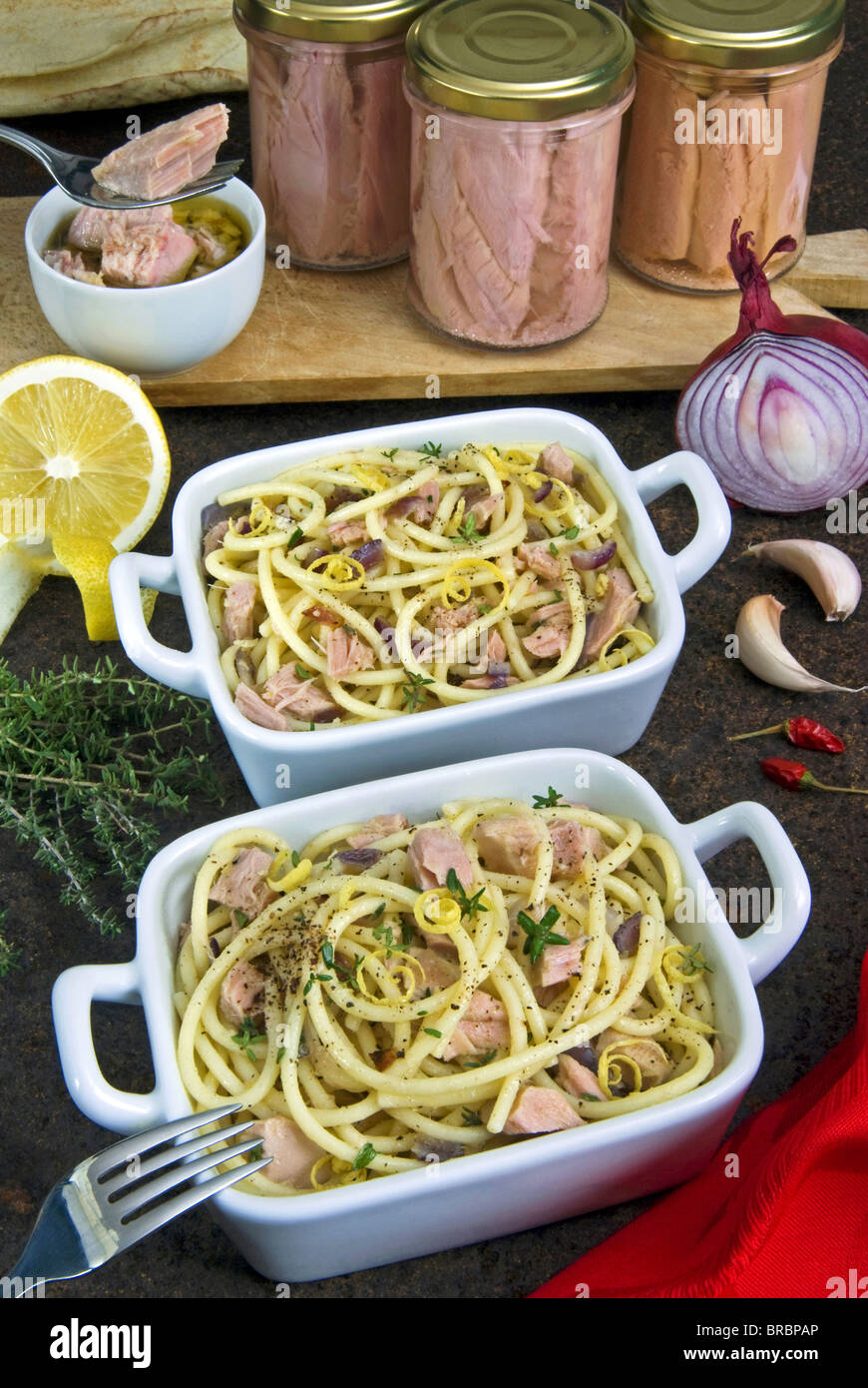 Spaghetti with tunafish, Sardinian cooking, Sardinia, Italy Stock Photo