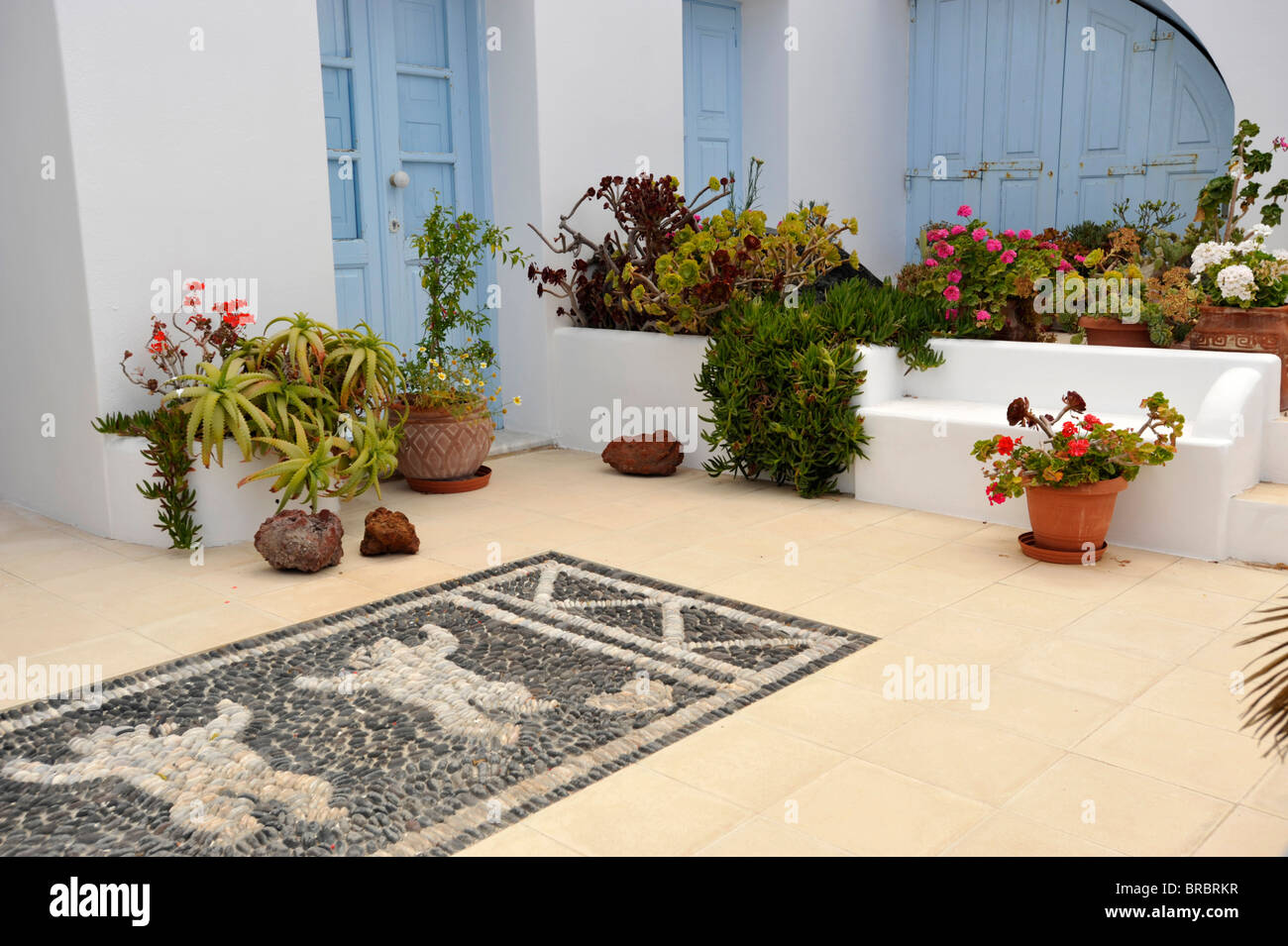House fronts and courtyards on the Greek Island of Santorini Stock Photo
