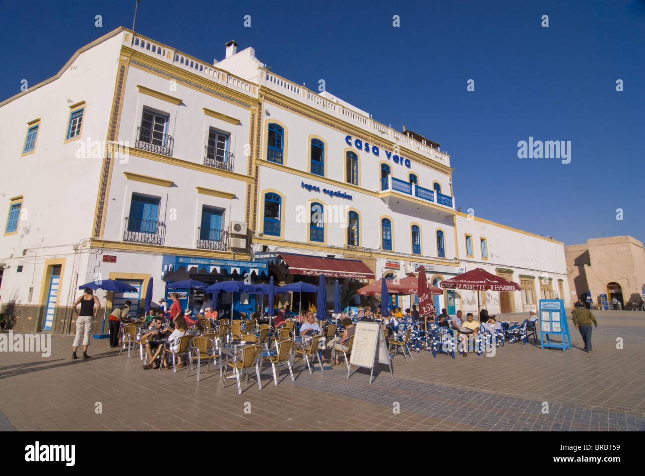 Open air cafe in the coastal city of Essaouira, UNESCO World Heritage Site, Morocco, North Africa Stock Photo