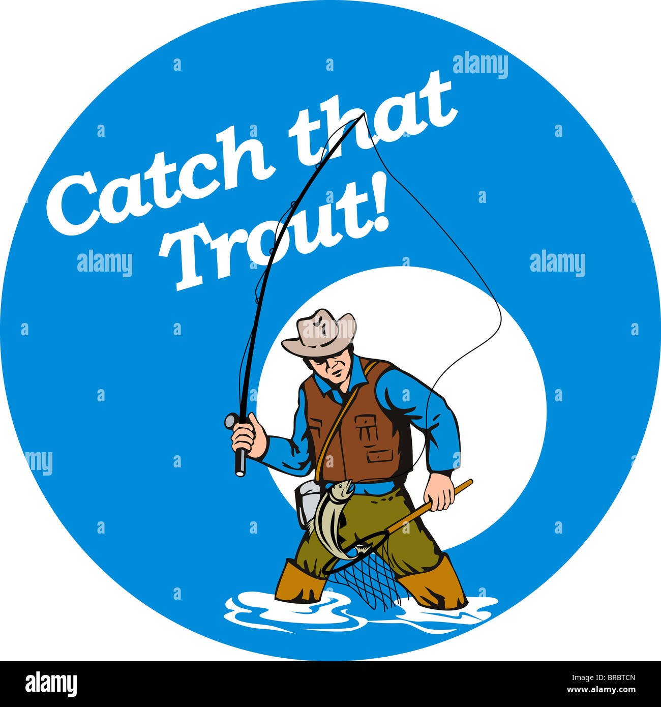 illustration of Fly fisherman fishing catching trout with fly rod reel