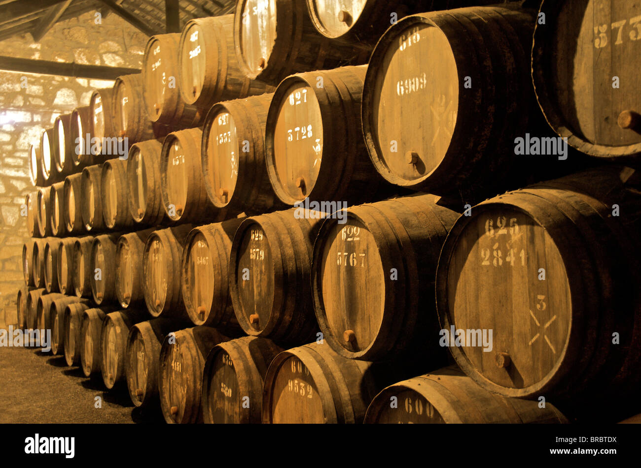 Port wine maturing in barrels in wine cellars, Vila Nova de Gaia, Porto