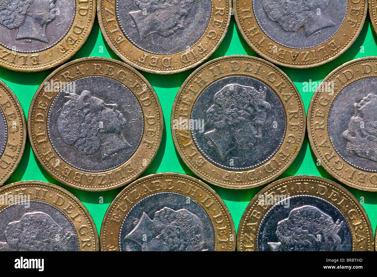 Two pound coins shown from above Stock Photo