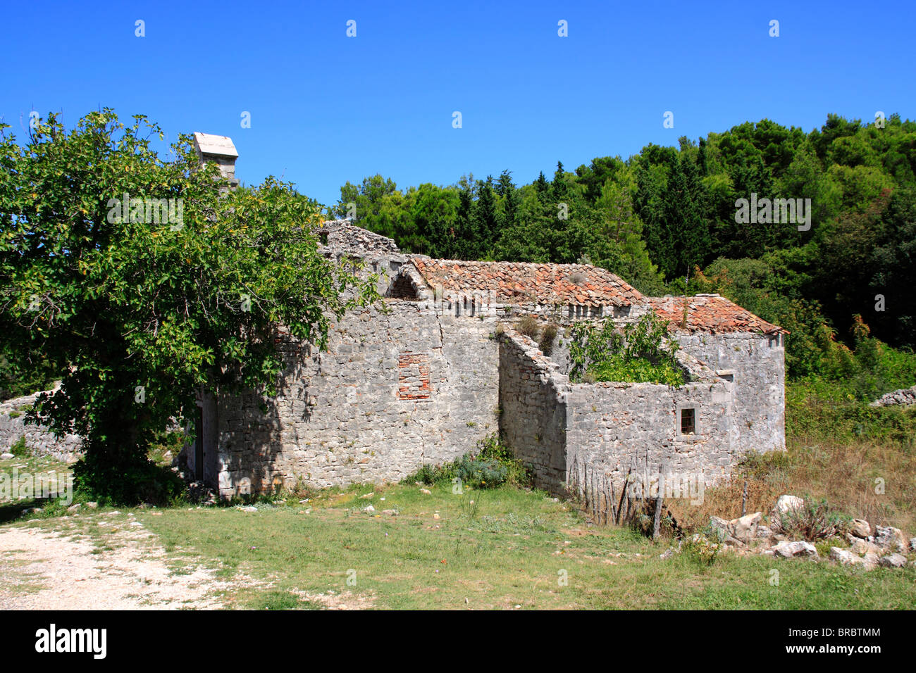 Ruins of old cloister near Osor at Bijar Bay, Croatia Stock Photo