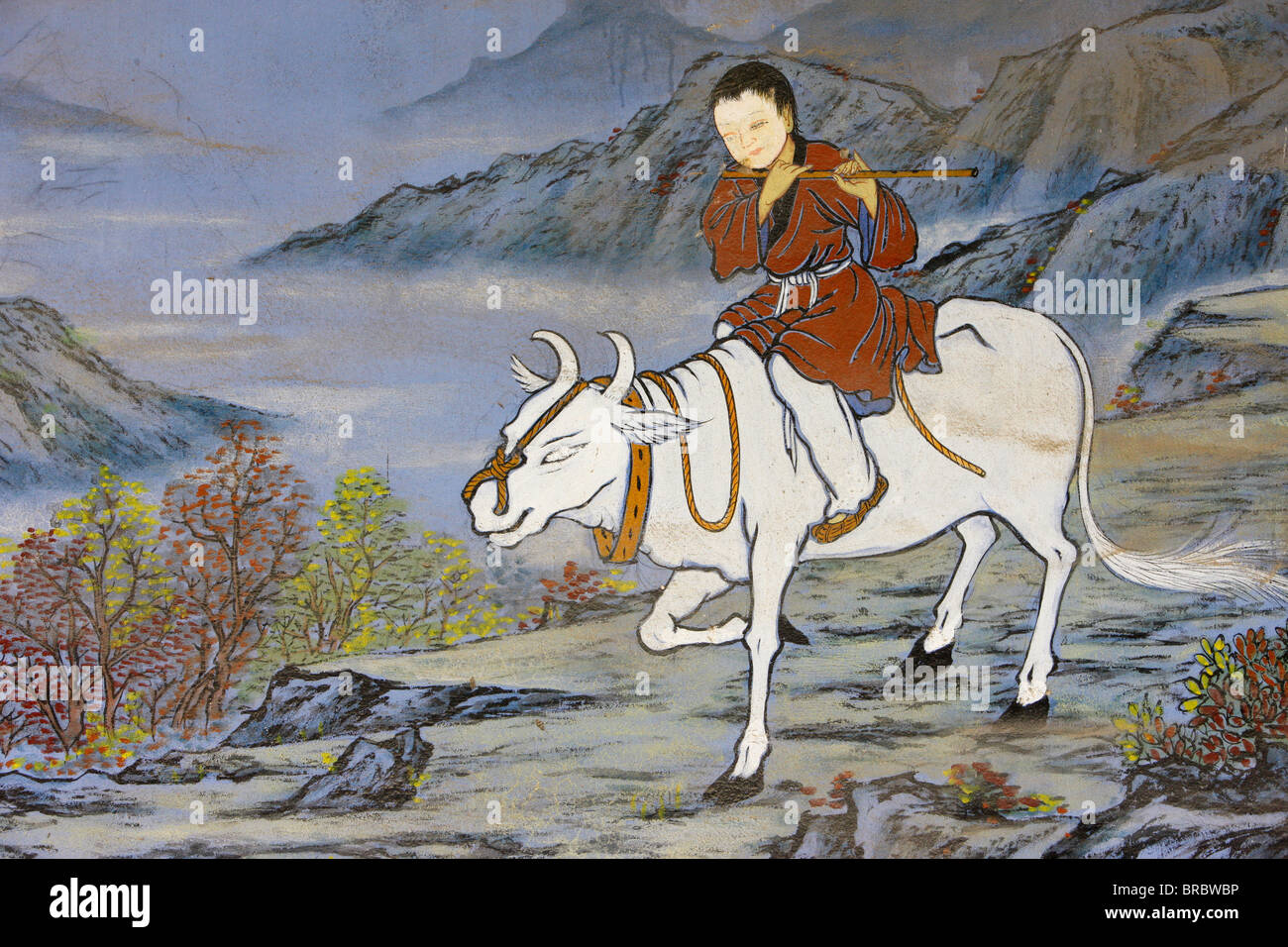 Painting of coming home on the Ox's back, from the ten Ox Herding Pictures of Zen Buddhism, Seoul, South Korea Stock Photo