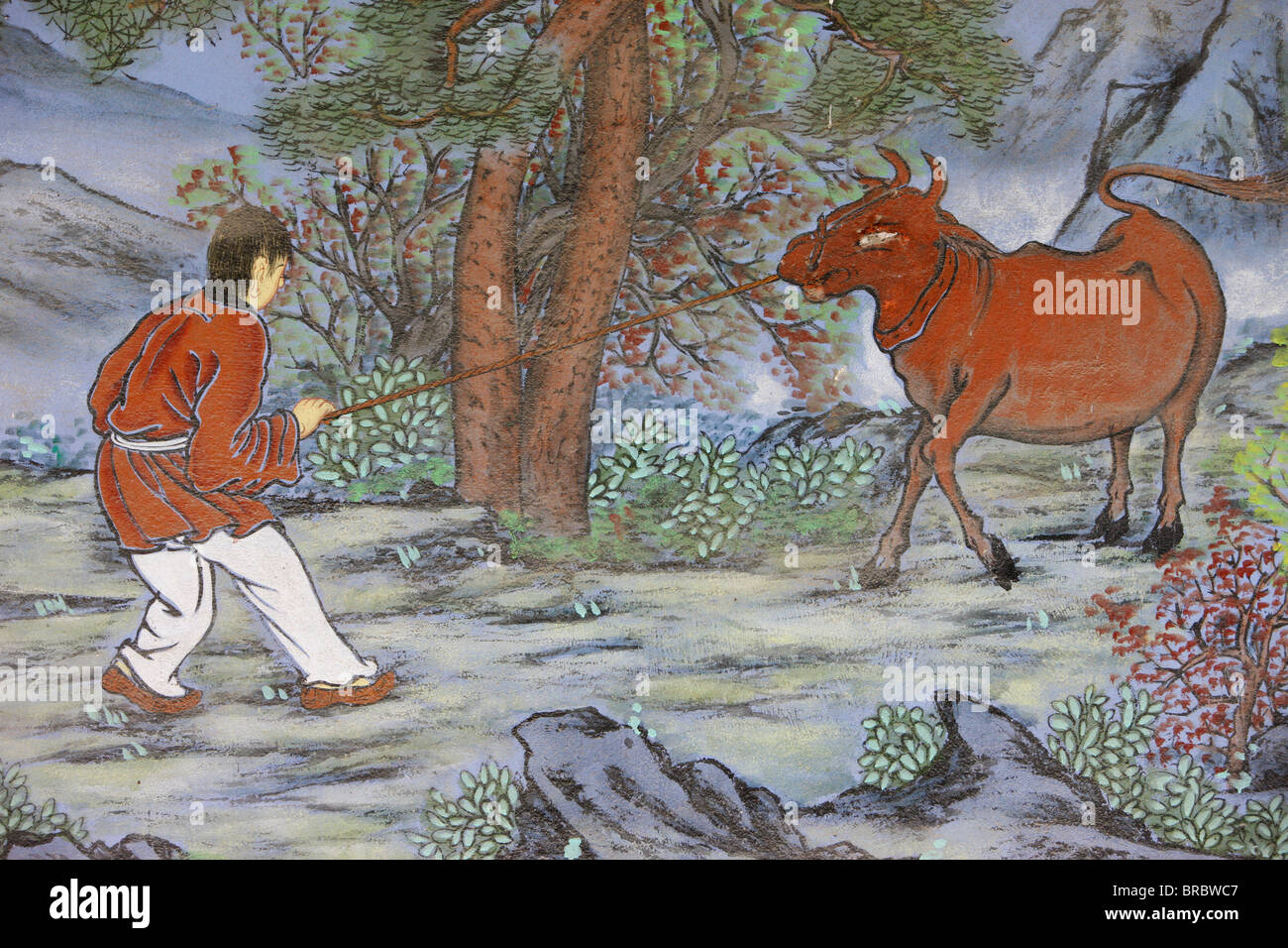 Painting of catching the Ox, from the ten Ox Herding Pictures of Zen Buddhism, Seoul, South Korea Stock Photo