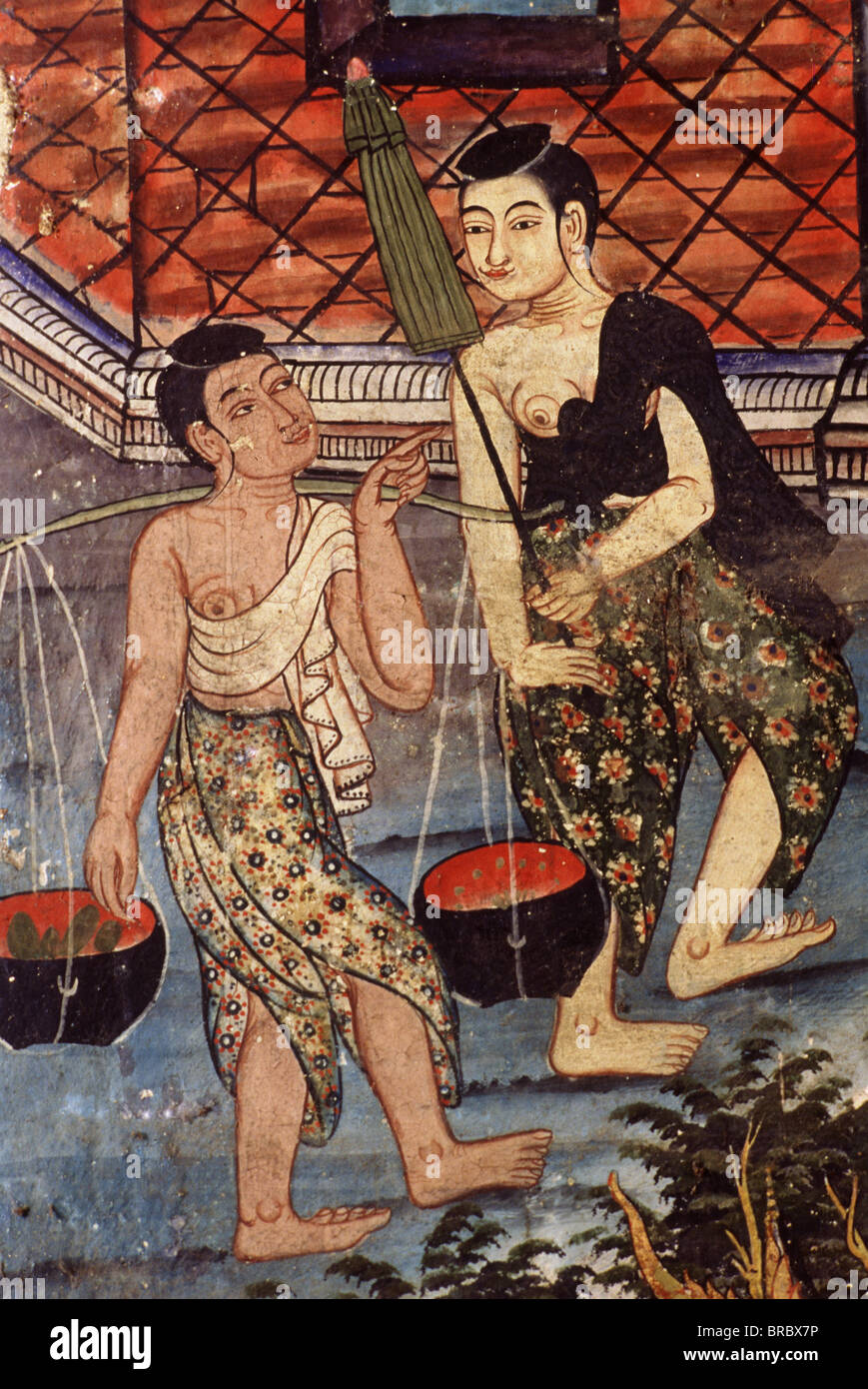 Detail of the murals of the Sang Thong Tales, Viharn Laikam at Wat Phra Singh, Chiang Mai, Thailand Stock Photo