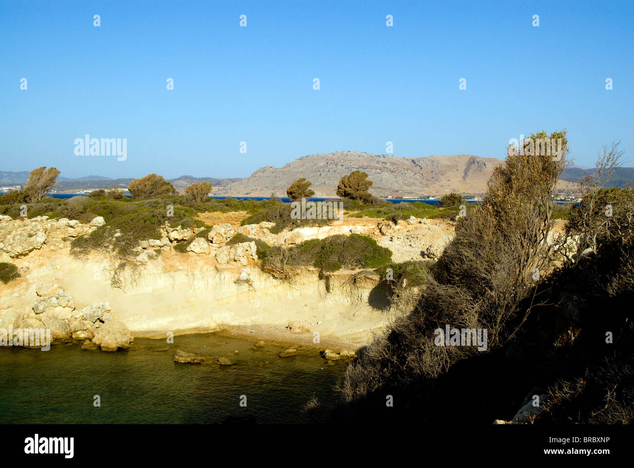 view of mountains and bay pefkos near lindos rhodes dodecanese islands greece Stock Photo