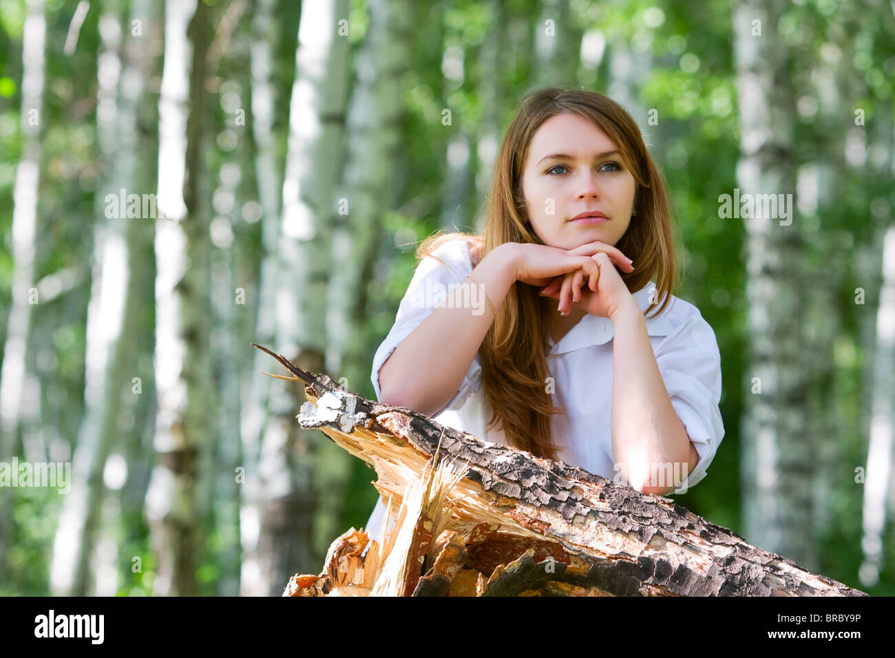 Young woman relaxing in the birch forest Stock Photo - Alamy