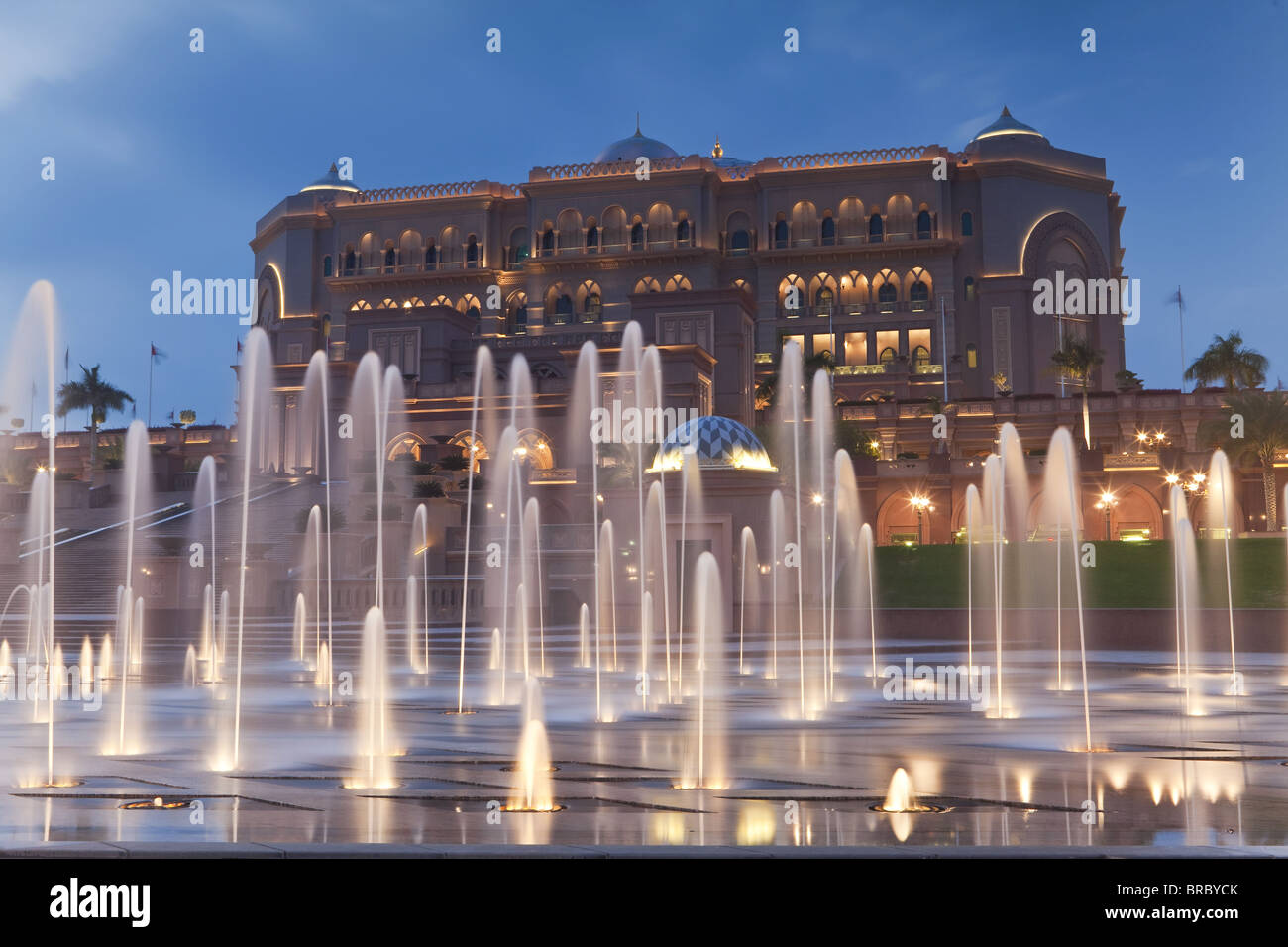 Water fountains in front of the Emirates Palace Hotel, Abu Dhabi, UAE