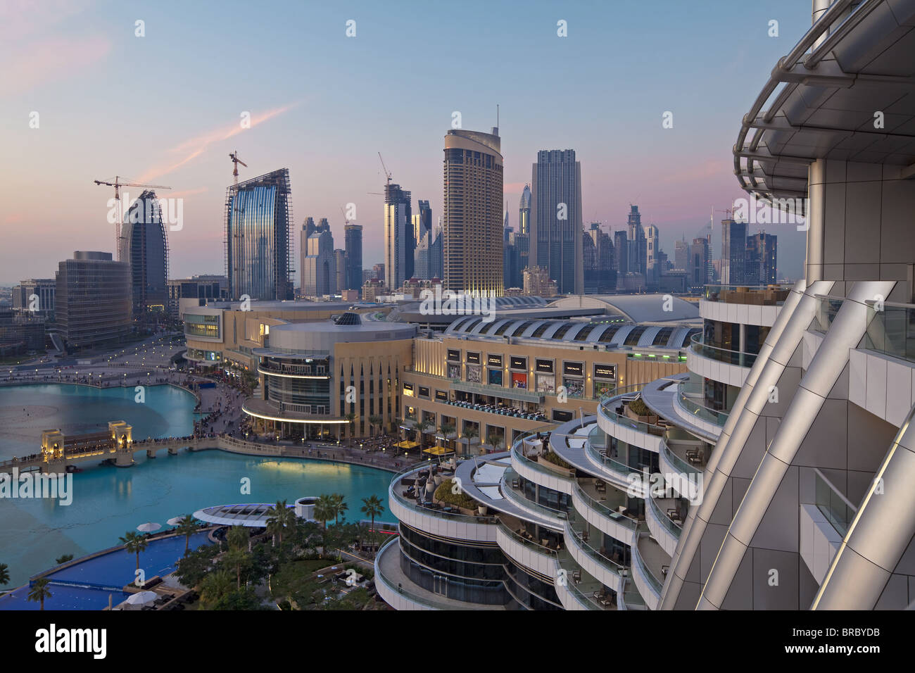 Dubai skyline, elevated view over the Dubai Mall and Burj Khalifa Park, Dubai, UAE Stock Photo