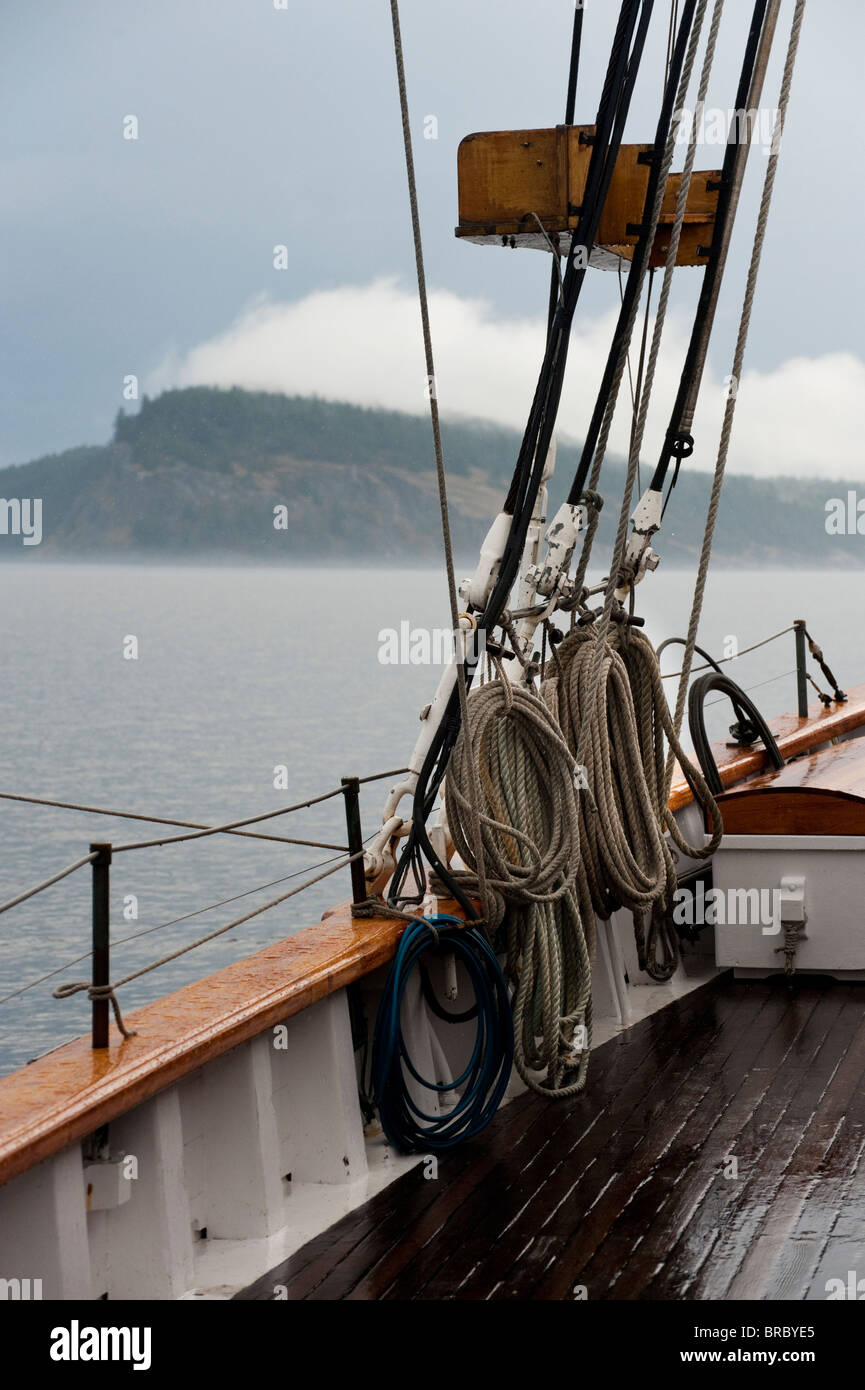 Rigging aboard the historic tall ship "Zodiac" sailing in the San Juan