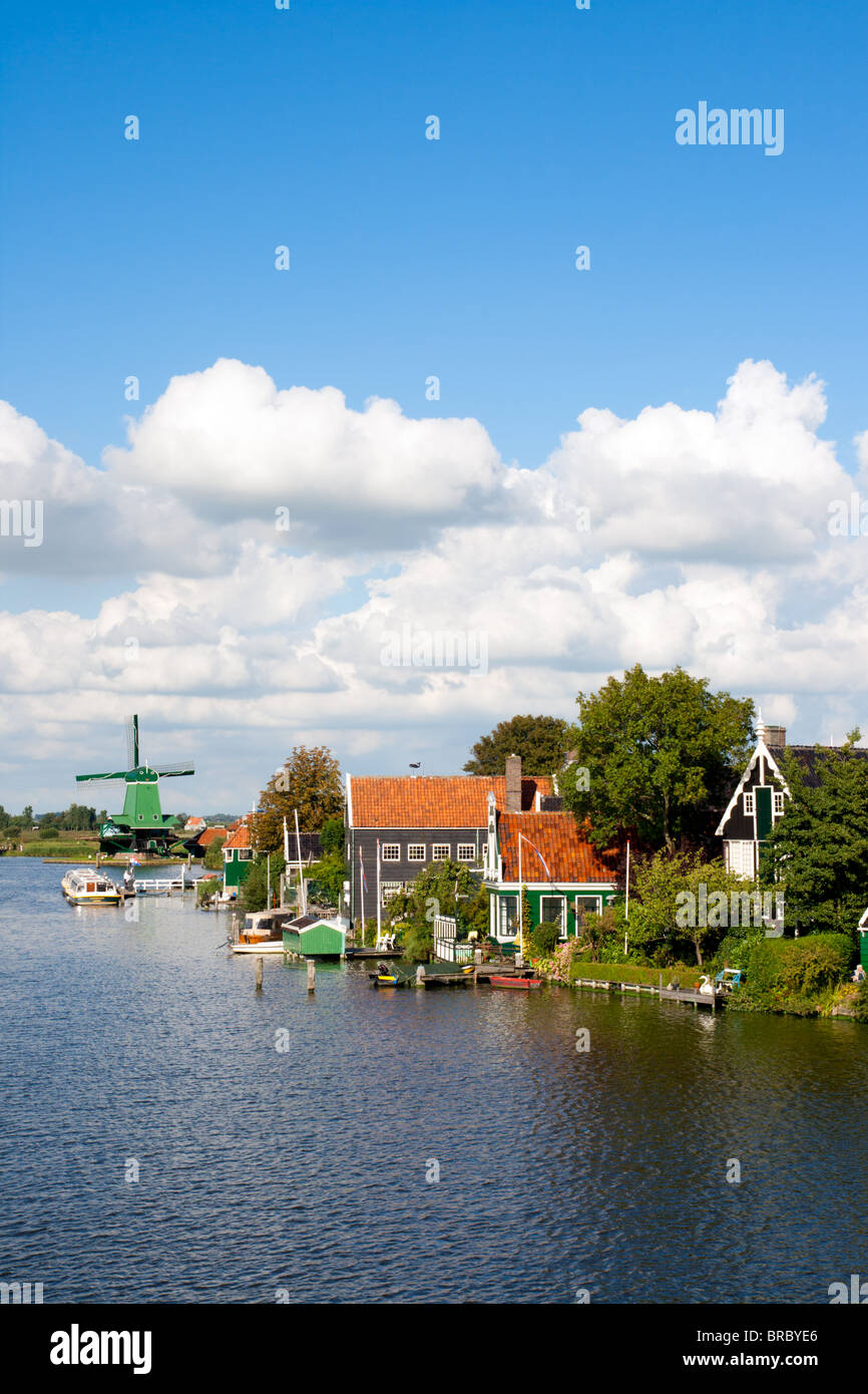 Well-preserved historic windmills and houses at the Zaanse Schans in Holland Stock Photo