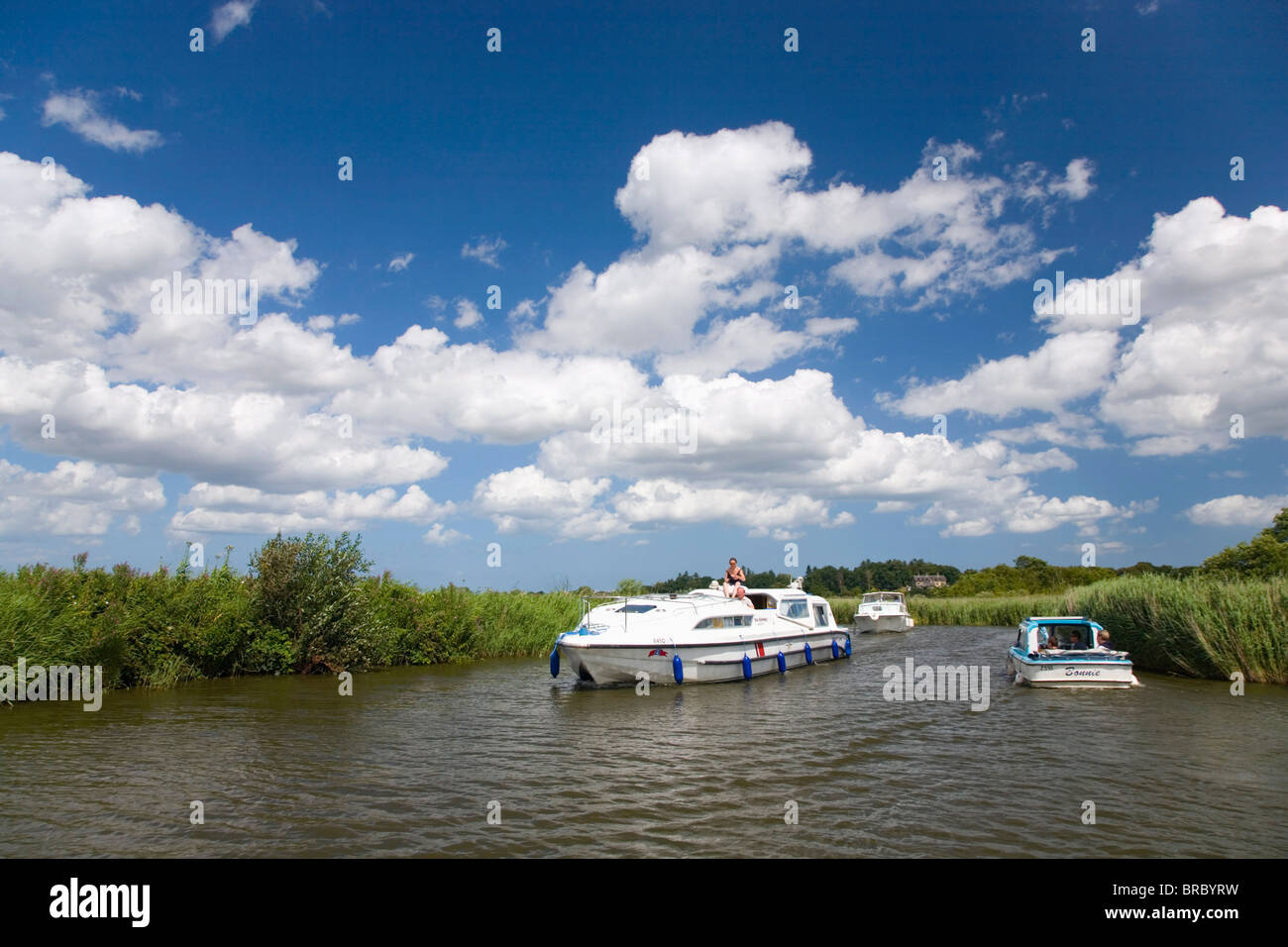 Pleasure boats on the River Ant, Norfolk Broads, How Hill, near Ludham, Norfolk, England, UK Stock Photo
