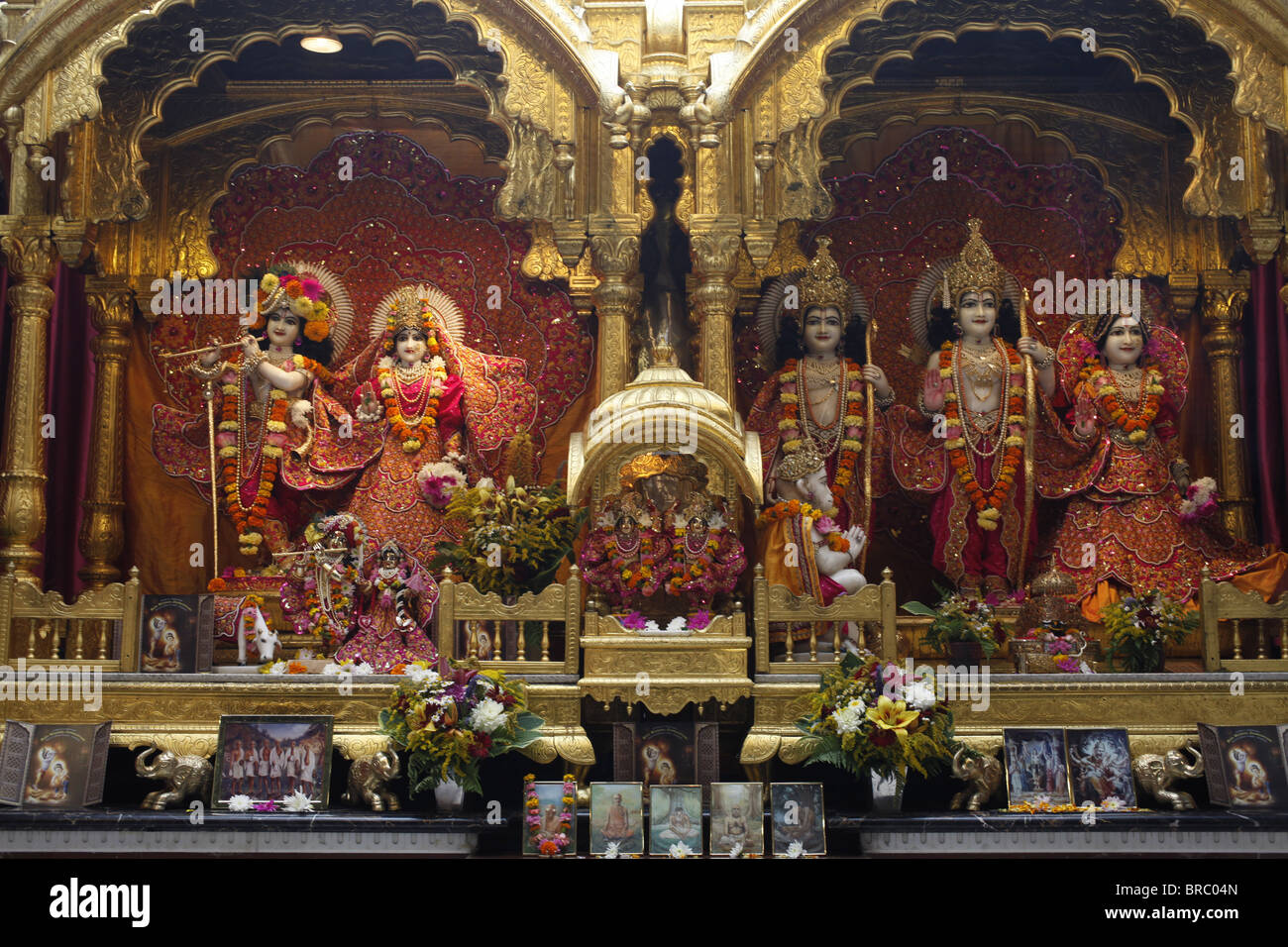 Statues of Krishna, Rada, Rama, with Hanuman in front, Sita and Laxmi, Bhaktivedanta Manor temple, Watford, Hertfordshire, UK Stock Photo