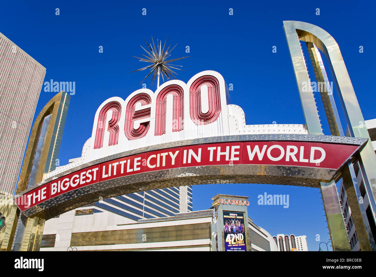 Eldorado Casino and the Reno Arch on Virginia Street, Reno, Nevada, USA Stock Photo