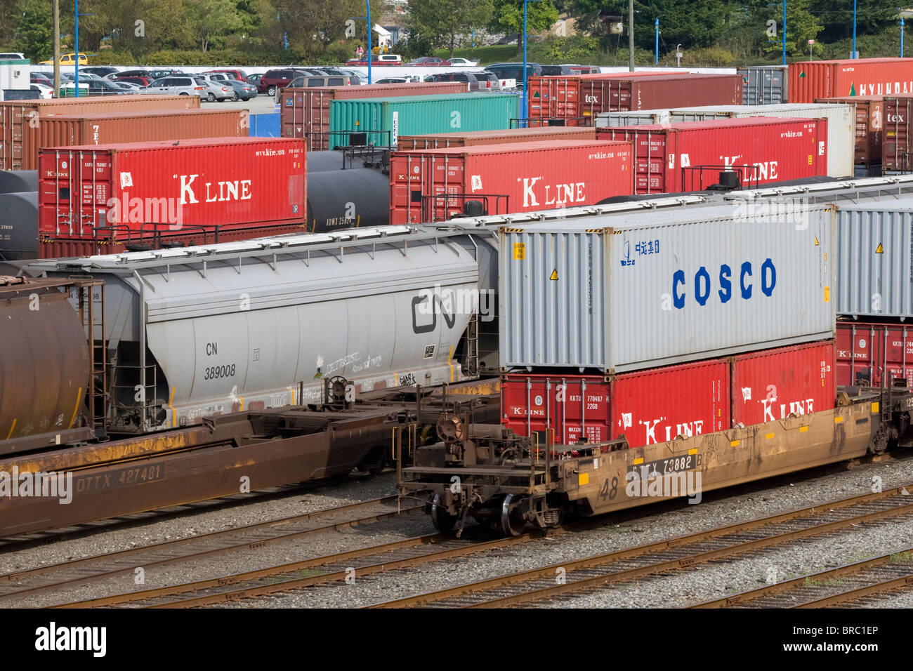 freight cars in Canadian Pacific Rail yard in downtown Vancouver BC Canada Stock Photo