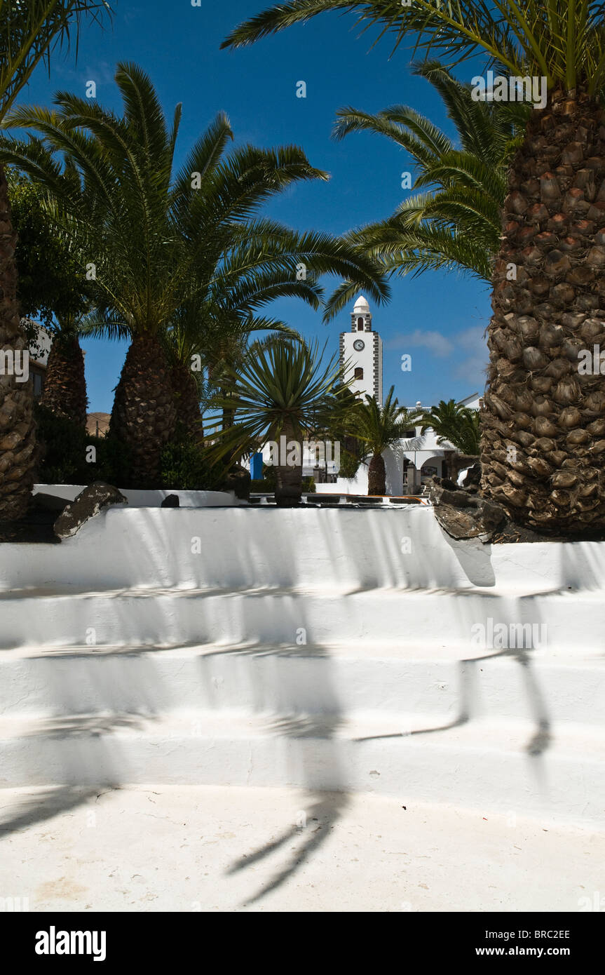dh SAN BARTOLOME LANZAROTE Clock tower white building and village plaza