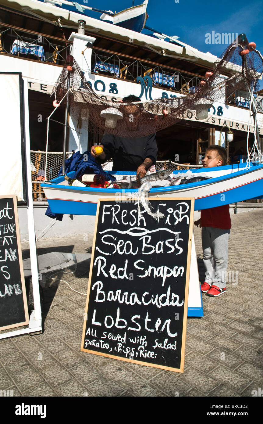 dh Lanzarote fish restaurants PUERTO DEL CARMEN LANZAROTE fish display board spanish seafood restaurant traditional food Stock Photo