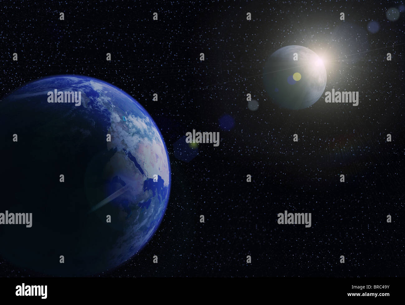 Planet Earth, moon and sun. Space sunrise Stock Photo - Alamy