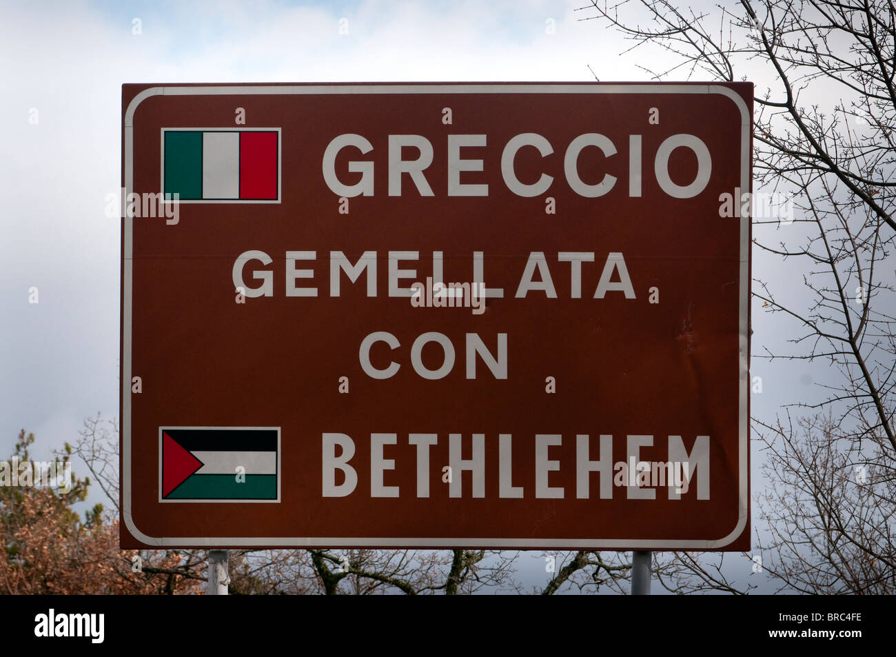 Sign of Greccio, place of the first living crib in the world by St Francis of Assisi, Rieti, Lazio (Latium), Italy, Europe. Stock Photo