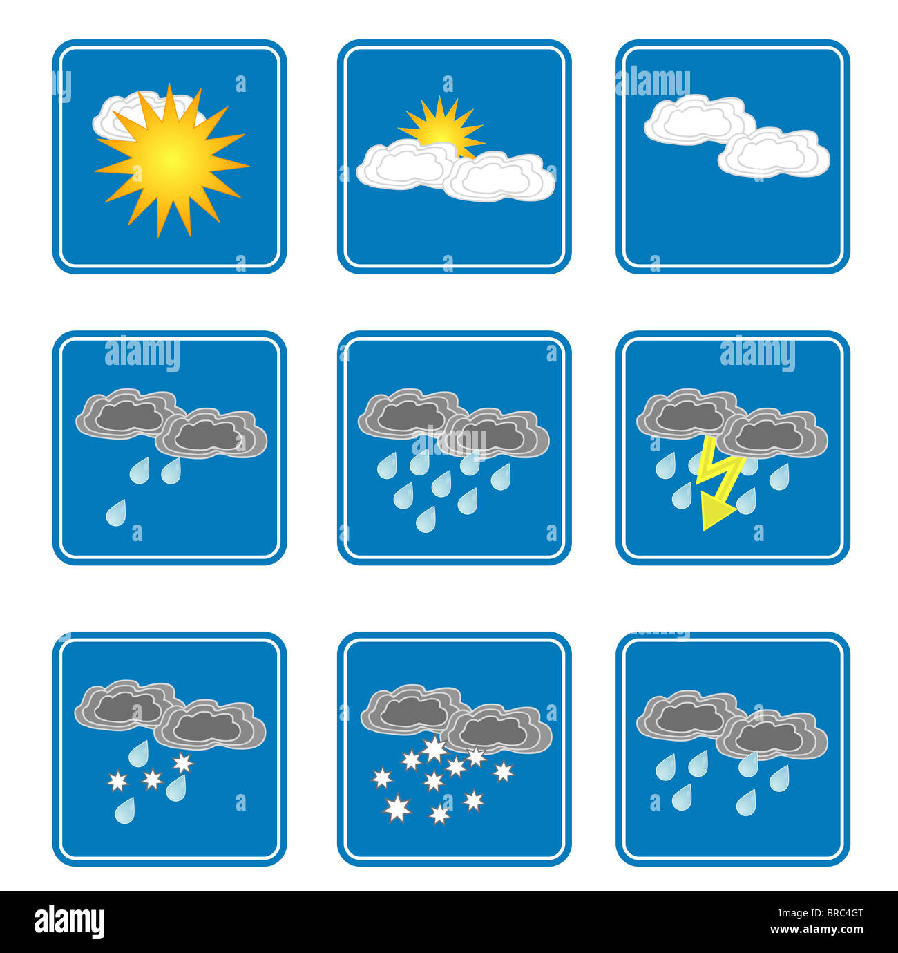 Several blue icons showing different weather situations. All on white background. Stock Photo