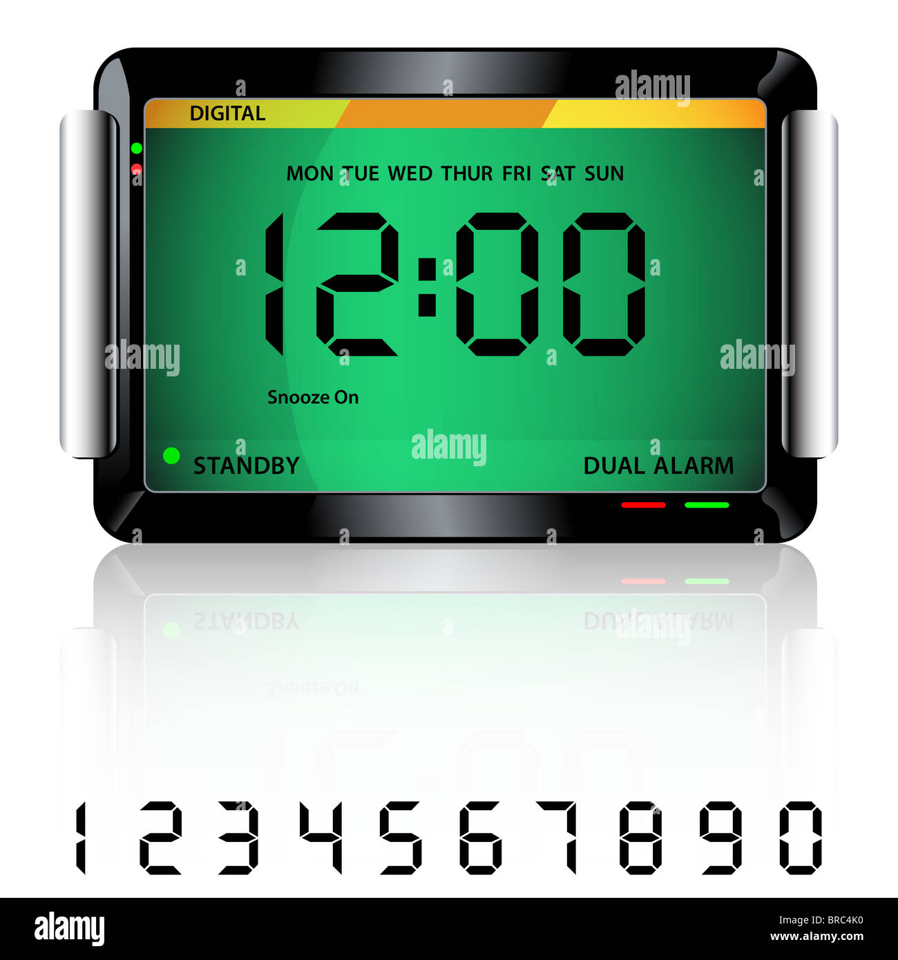 Digital alarm clock isolated on white with reflection and spare digital numbers. Stock Photo