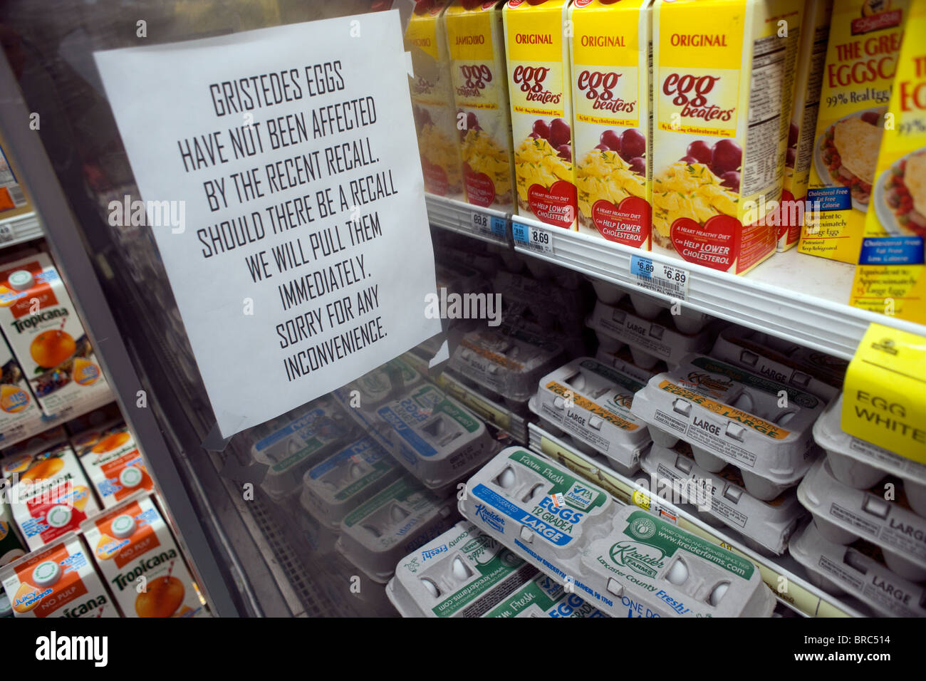 A sign in a supermarket in New York informs consumers that the eggs on