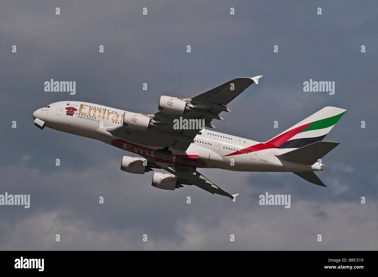 Emirates' Airbus 380 took off from Milan Malpensa airport after a special flight to introduce Emirates' sponsorship of Milan AC Stock Photo