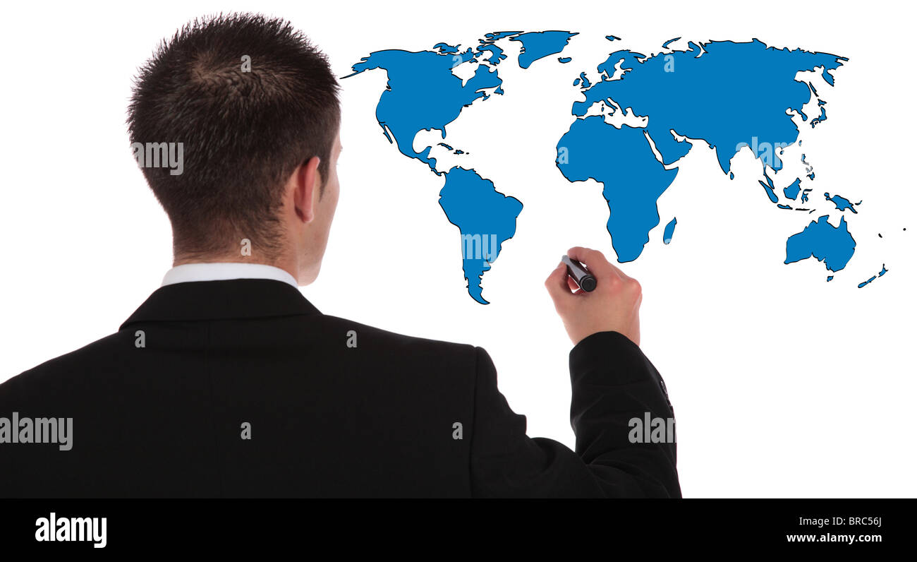 A businessman presenting concepts of global market expansion. All on white background. Stock Photo