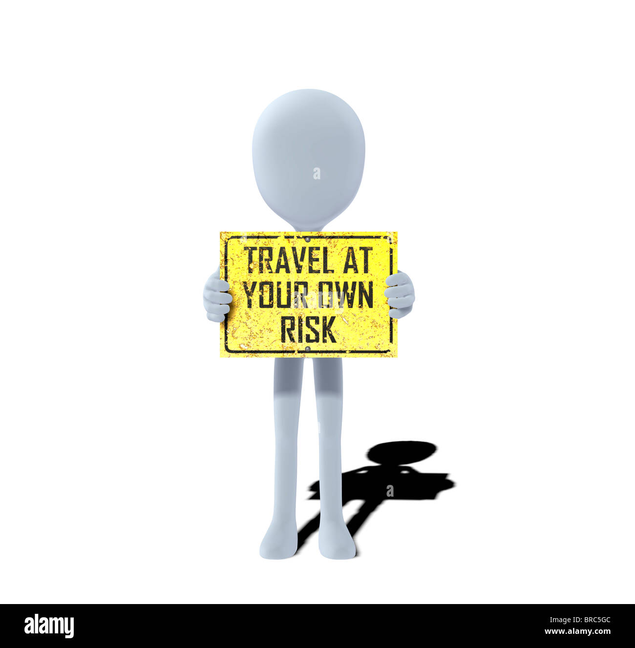 concept figure with sign Travel at your own risk Stock Photo