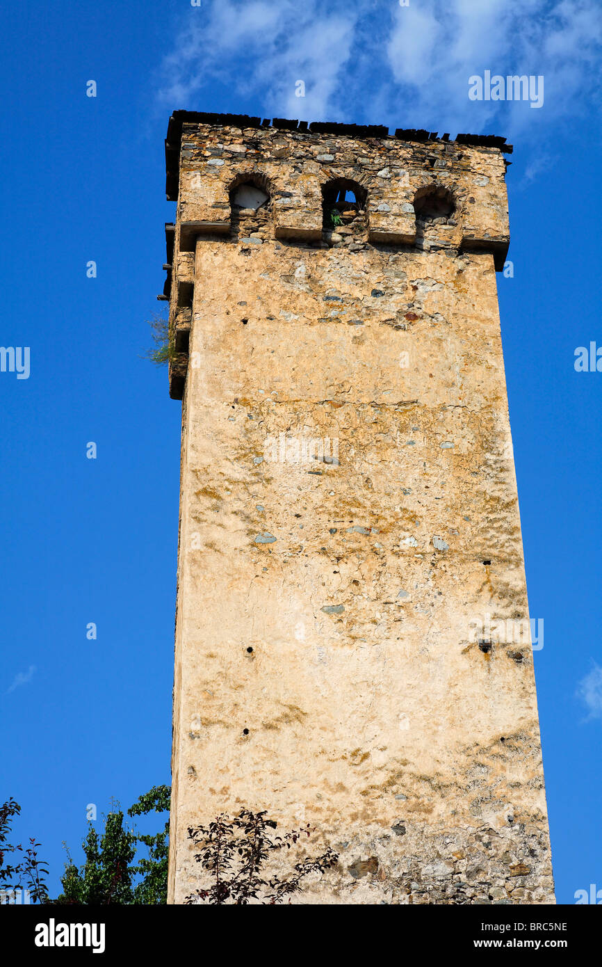 Defensive stone tower, Mestia, Svaneti in the Great Caucasus Mountains, Georgia Stock Photo