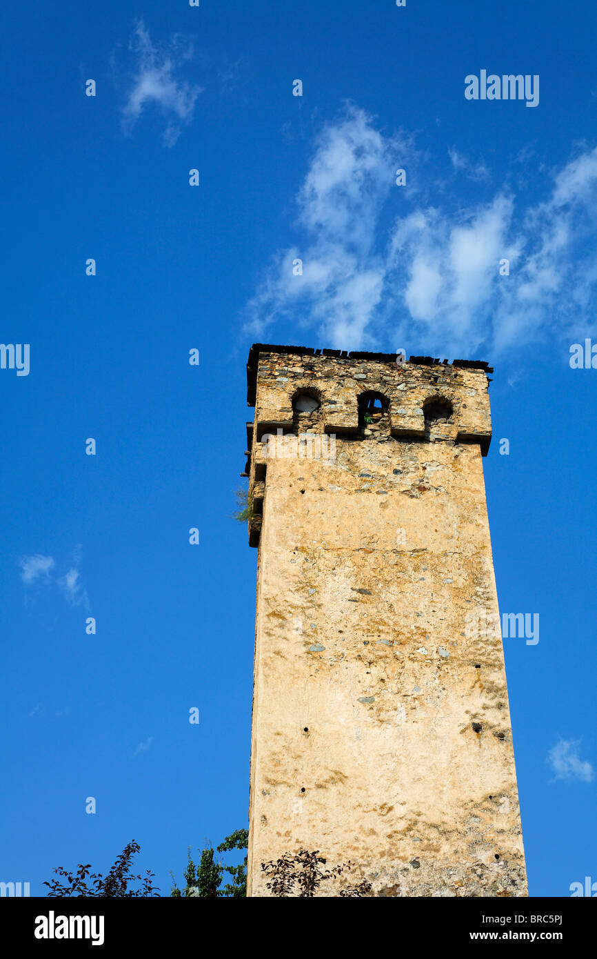 Defensive stone tower, Mestia, Svaneti in the Great Caucasus Mountains, Georgia Stock Photo